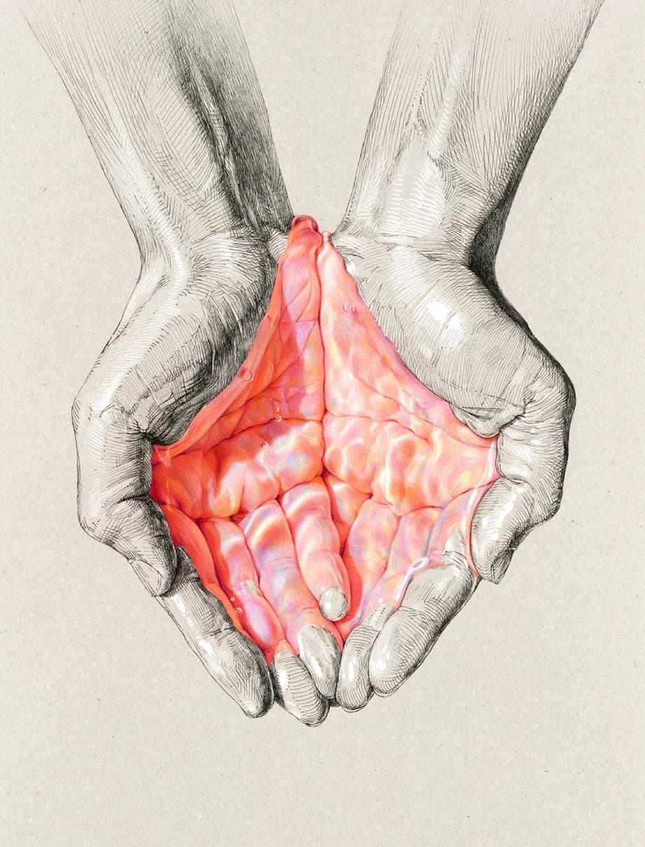 Hands forming a bowl of water; the submerged parts appear in full color while the rest is black and white.